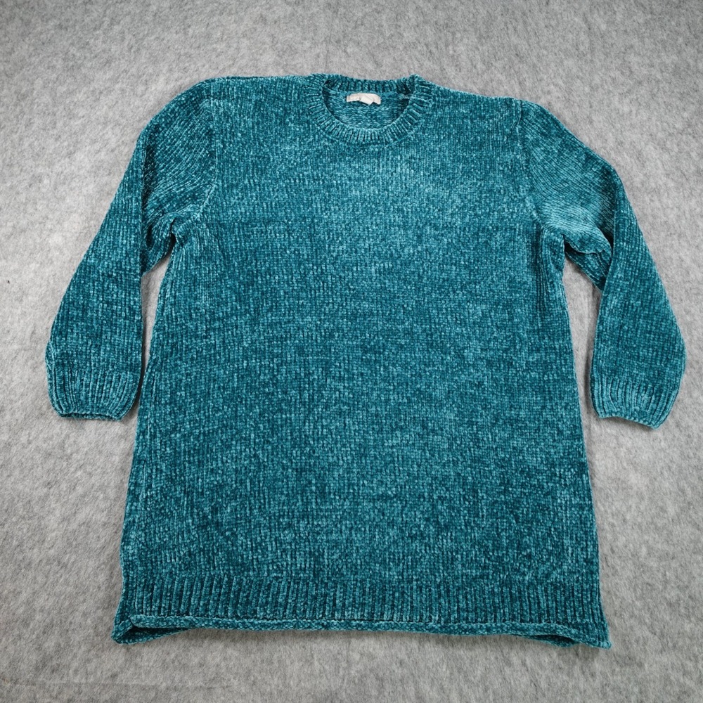 Woman Within Sweater Women 1X Teal Chenille Crewneck Long Sleeve Soft Knit